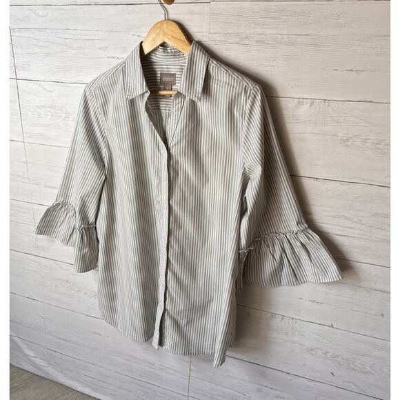 Chicos Top Womens Size 2/L Taupe & White Striped Button Down Bell Sleeves - Picture 4 of 16